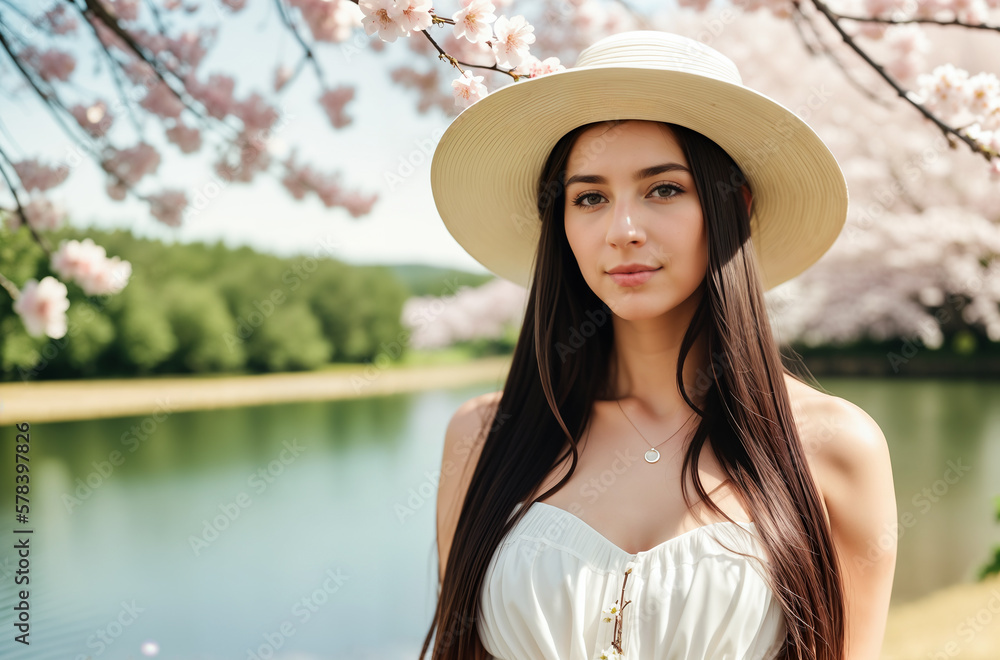 Beautiful cute girl with long hair in a white dress and hat in spring in a park with a lake where sakura blossoms - Japanese cherry. Generative AI.