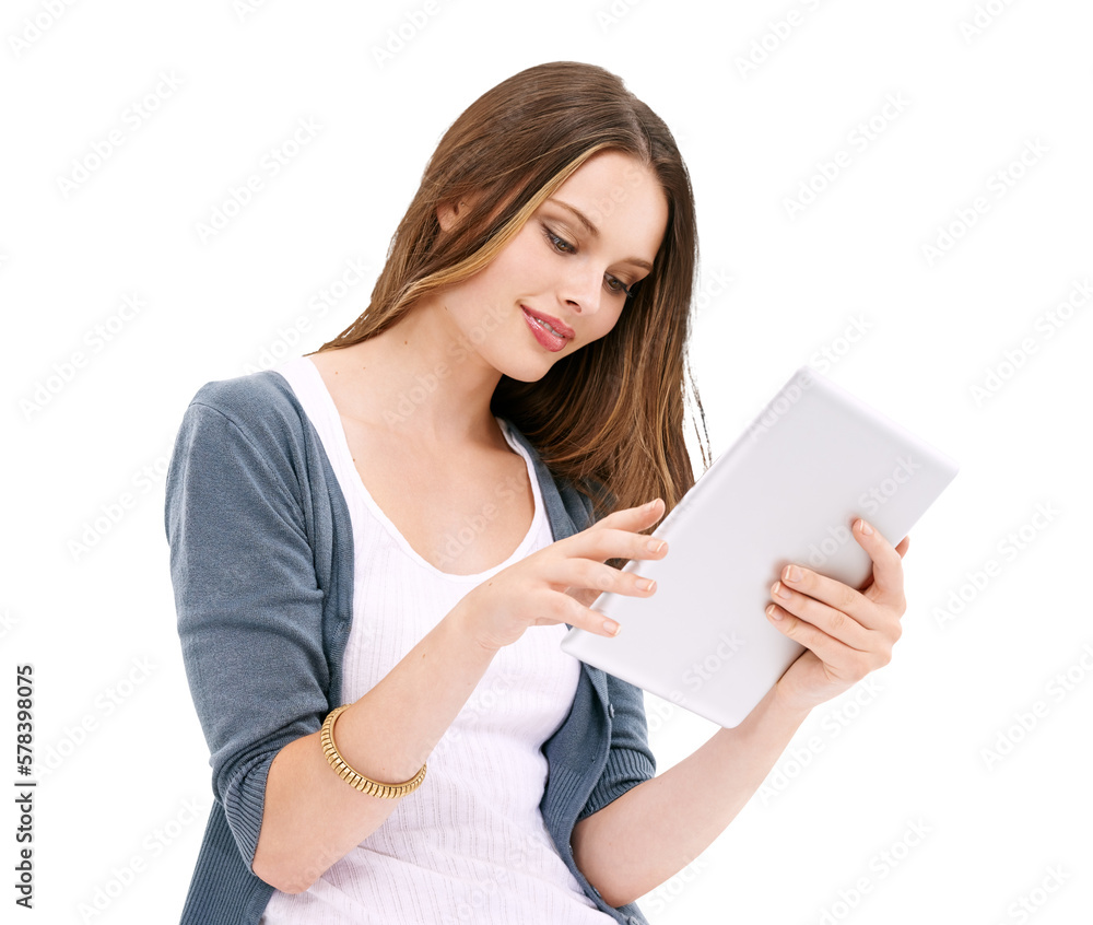 A happy millennial woman or e-commerce shopper browsing through a digital tablet in search of better discount deals, isolated on a transparent PNG background. A happy millennial woman or e-commerce shopper browsing through a digital tablet in search of better discount deals, isolated on a transparent PNG background.