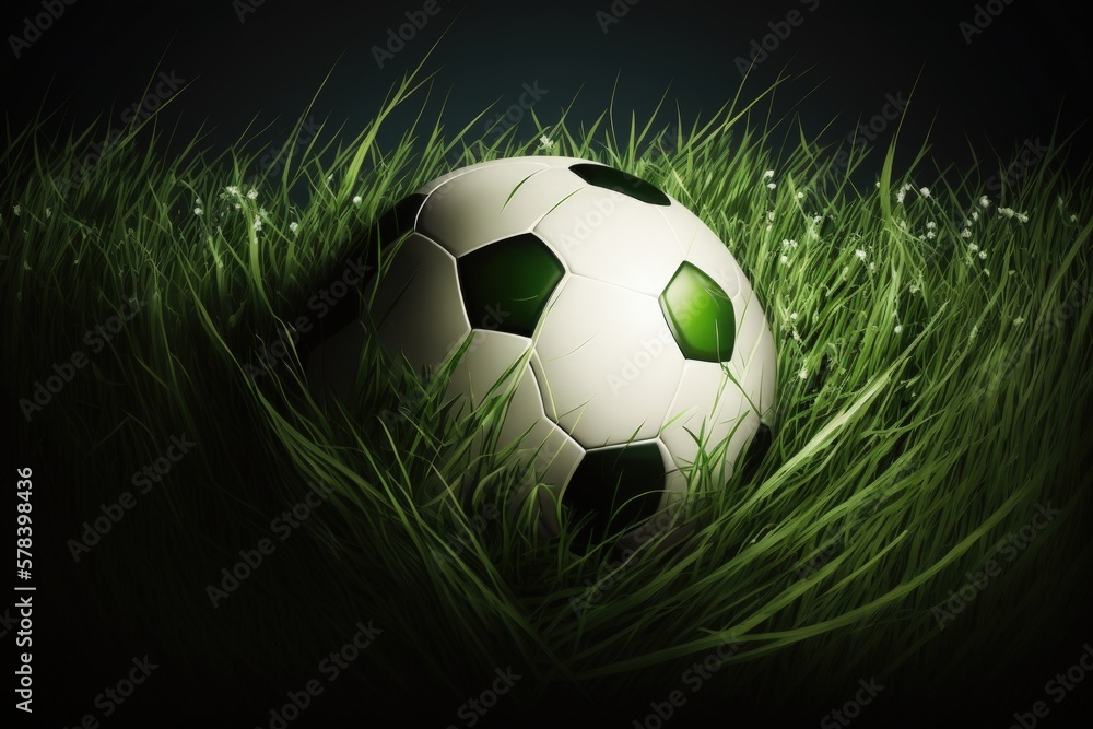 Fototapeta premium Soccer ball illustration on the lawn, sports concept. Generative AI