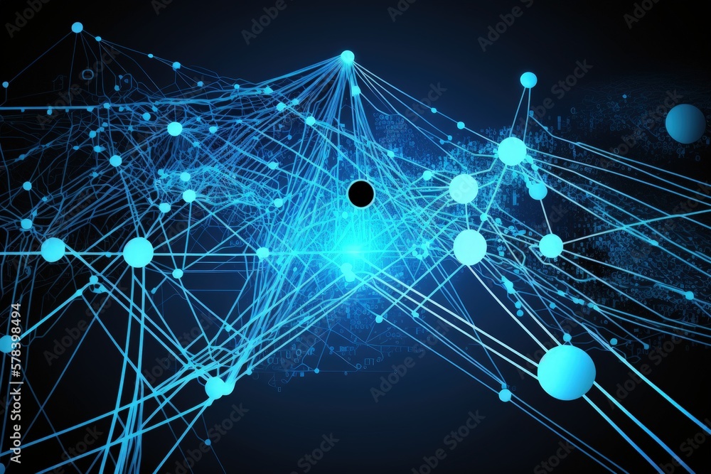 Contact network illustration, connected dots, blue background. Generative AI
