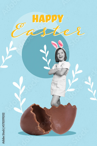 Artwork magazine collage picture of smiling little child standing inside chocolate easter egg isolated drawing background photo