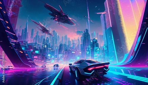 a futuristic car is walking through a neon city and spaceships are in the sky 