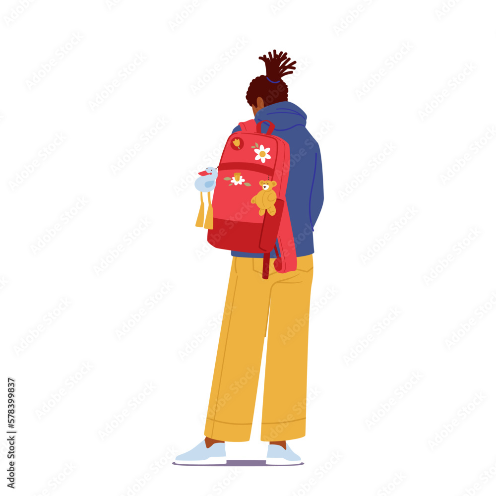 Rear View Of Teenage Girl Student Character With Backpack Isolated On White Background. Back To School, Education