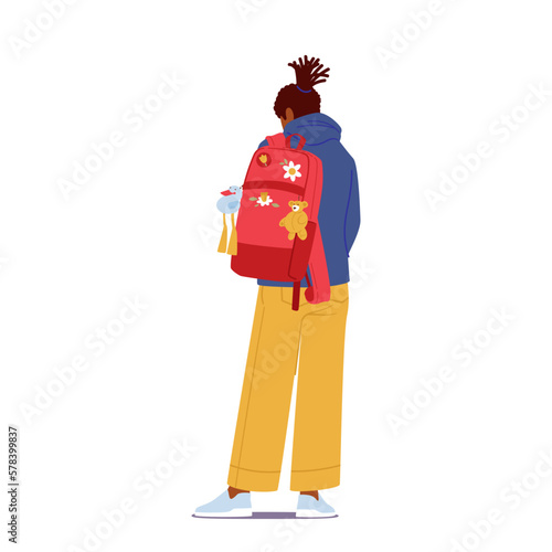 Rear View Of Teenage Girl Student Character With Backpack Isolated On White Background. Back To School, Education