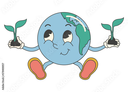 Y2k groovy earth day cartoon sticker. Environmental protection. Cute baby earth character.