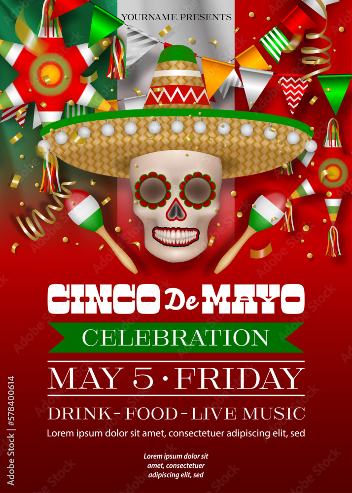 cinco de mayo poster. cinco de mayo party poster with skull with sombrero, star pinatas and pennants cinco de mayo poster. cinco de mayo party poster with skull with sombrero, star pinatas and pennants