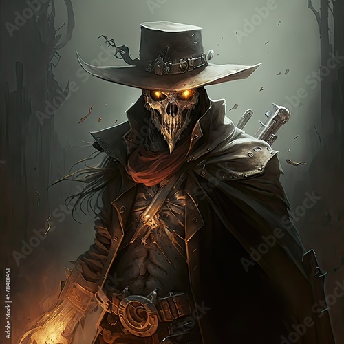 An undead shooter with glowing eyes and a rifle behind his back. Noon, duel, skeleton, dark atmosphere, bounty hunter, frontier gunslinger, high definition, art, generative artificial intelligence photo