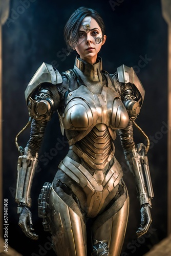 Full silhouette portrait of Beautiful android woman with scfi style cyber metallic android body. Female Soldier of the Future. Digital artwork illustration. Concept art. Ai generative © stockcrafter