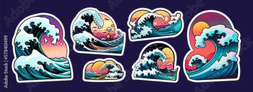 Big bundle of stickers with wave.Vector collection sticker of wave on purple isolated background. AI. Doodle cartoon style	