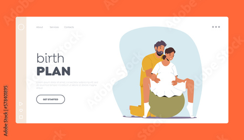 Birth Plan Landing Page Template. Expecting Couple Prepare For Childbirth Using Fitness Ball. Pregnant Woman And Partner