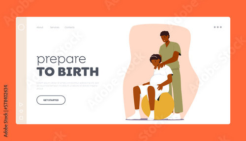Couple Prepare For Childbirth in Clinic Landing Page Template. Woman And Spouse Characters Using Fitness Ball