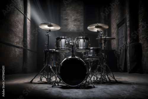 Drum set on stage for band with spot lighting spotlight, dark background. Generation AI