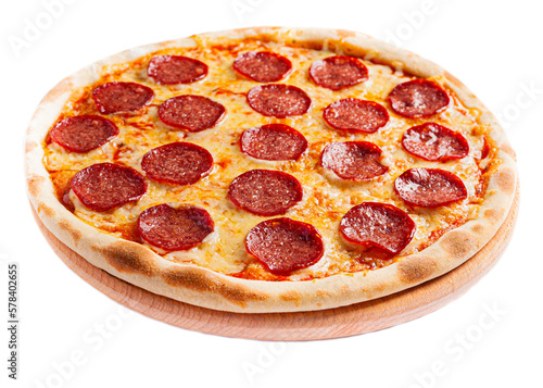 Pizza isolate, medium size, side view. Stock photo of pizza.