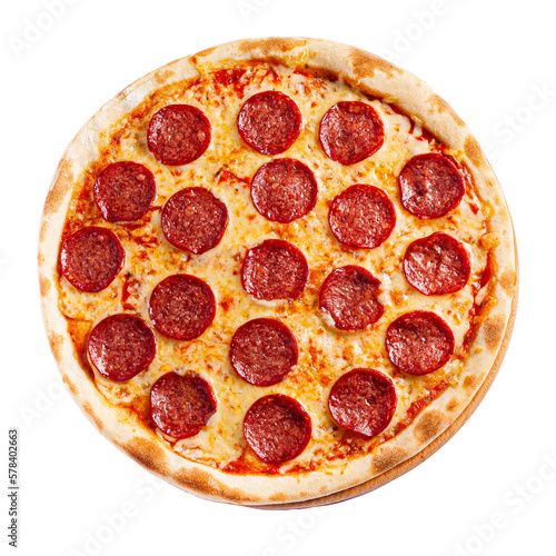 Pizza isolate, medium size, top view. Stock photo of pizza.