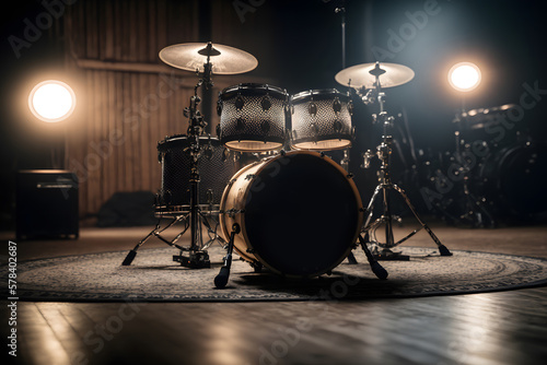 Drum set on stage for band with spot lighting spotlight. Generation AI