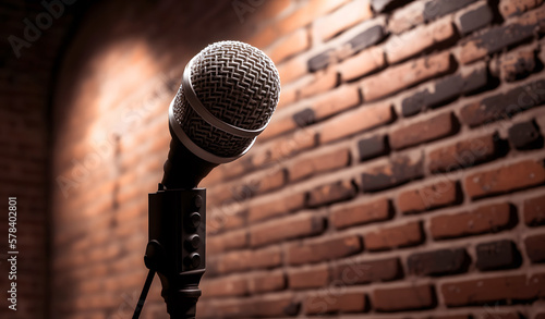 Stand up comedy stage microphone on brick wall. Concept open mic for monologue, Banner. Generation AI
