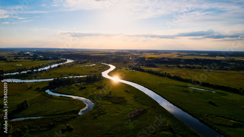 A stunning sunset aerial photo of fields in Poland near Gorzów Wlkp, captured by a drone