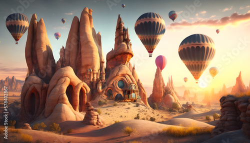 Amazing landscape in Cappadocia with colorful hot air balloon fly in sky, sunset light. Concept country Turkey travel. Generation AI