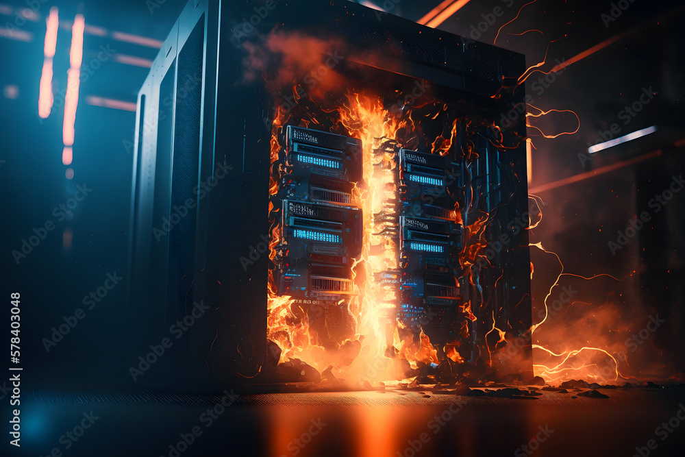 Server room Burning. Data center and supercomputer technology in fire. Generation AI - obrazy, fototapety, plakaty 