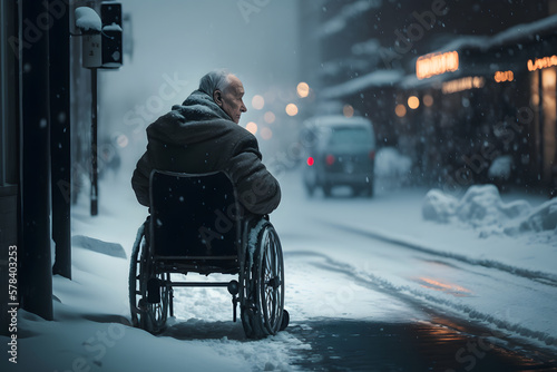 Fototapete Old senior man in wheelchair in front of winter road