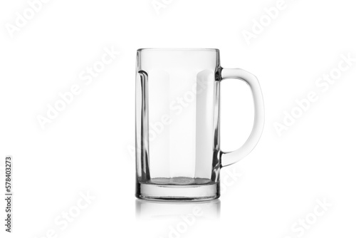 Empty beer mug glass isolated, without glare. Reflection on the surface. Back light.