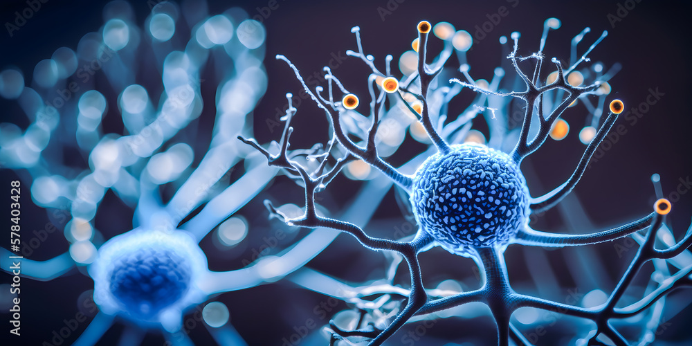Neuron R Medicine Nerve cell, system neuron of brain with synapses, blue color. Medicine ...