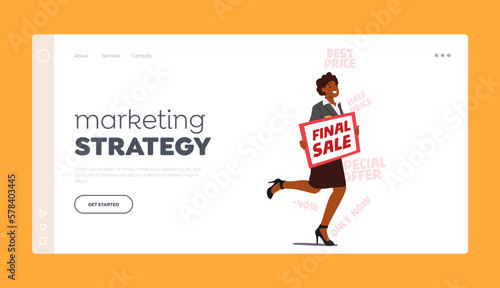 Marketing Strategy Landing Page Template. Forceful Promoter Female Character Run with Banner Promoting Final Sale