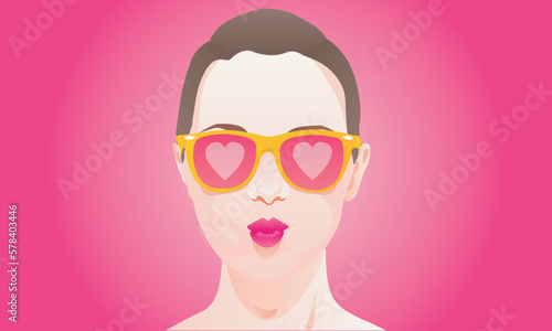 The girl in gold glasses and pink hearts on the lenses