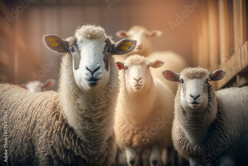 Sheep livestock farm. Happy lamb with sunlight. Agriculture industry ram banner. Generation AI