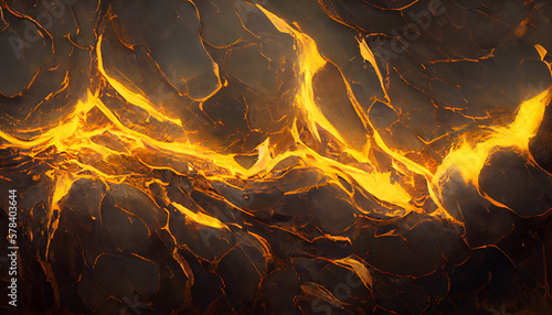 Lava Veins: Abstract Molten Gold River Texture, visual of molten lava flows, resembling veins of liquid gold, snaking through a darkened landscape