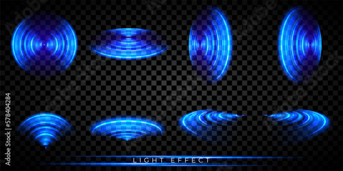 Round light effect set. Sonar sound wave. Signal concentric circle. Radio station signal. Water ripple with circle waves. A place or a painful point.