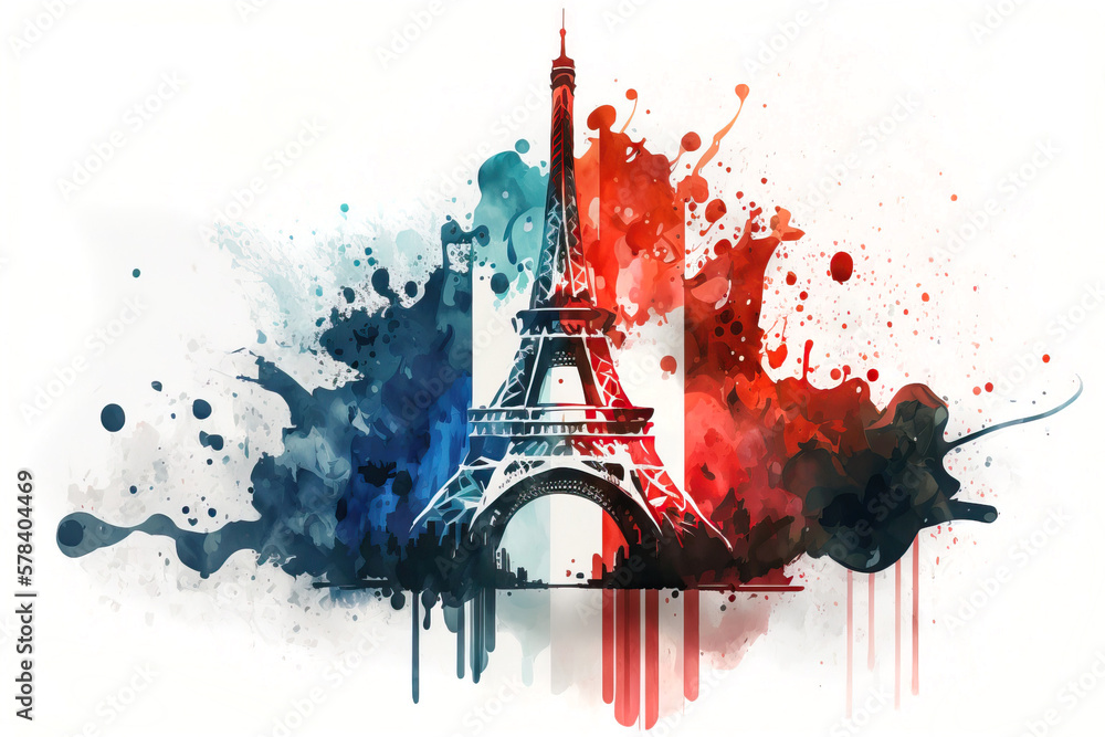 Eiffel Tower painted with watercolors in French flag colors. Generative ai illustration. - obrazy, fototapety, plakaty 