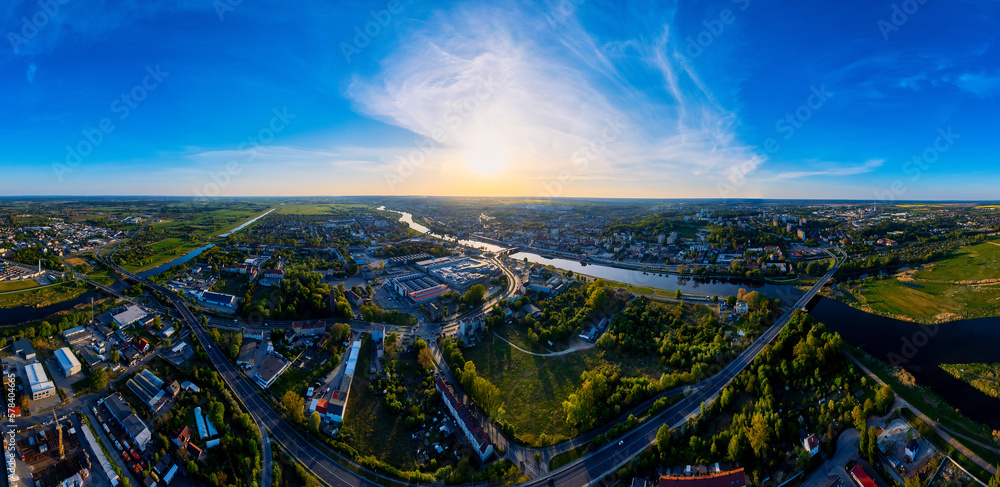 From the vantage point of a drone, a panoramic photo of the Warta River near Gorzów Wlkp - obrazy, fototapety, plakaty 