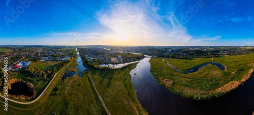 From the vantage point of a drone, a panoramic photo of the Warta River near Gorzów Wlkp