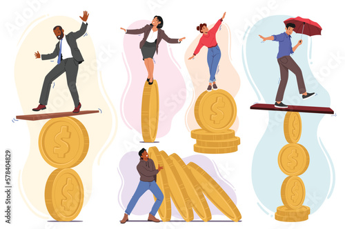 Set Of Business Characters Balance On Coin. Concept Of Financial Instability, Risks Of Investments