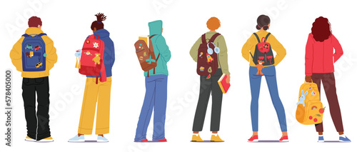 Group of Young People With Backpacks Stand In Row Rear View. Teens Boys And Girls Wear Trendy Clothes Of Bright Colors