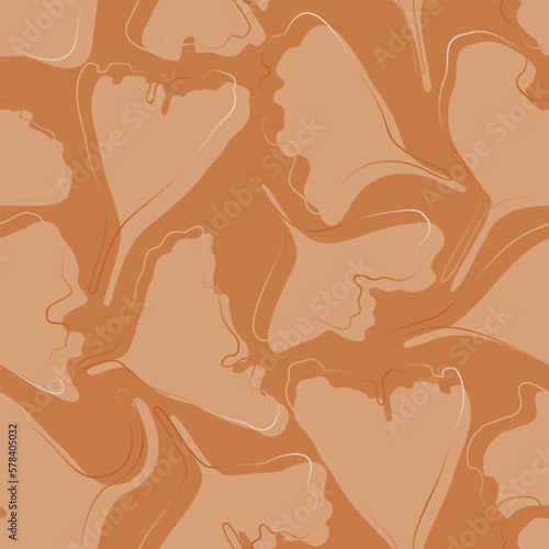 Abstract luxury ginkgo leaves seamless pattern. Autumn moochrome foliage backgound with jinkgo biloba leaf silhouettes and outlines. For fashion design, textile, fabric, cover. Vector illustration.