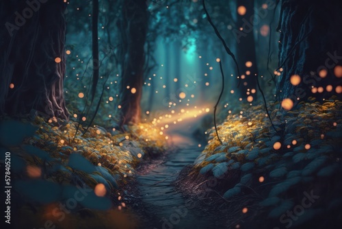 Firefly flying in the forest at night. Fairy tale concept. Generative AI