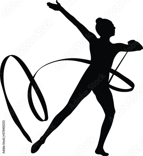 girl gymnast ribbon exercise in rhythmic gymnastics, black silhouette on white background, vector illustration