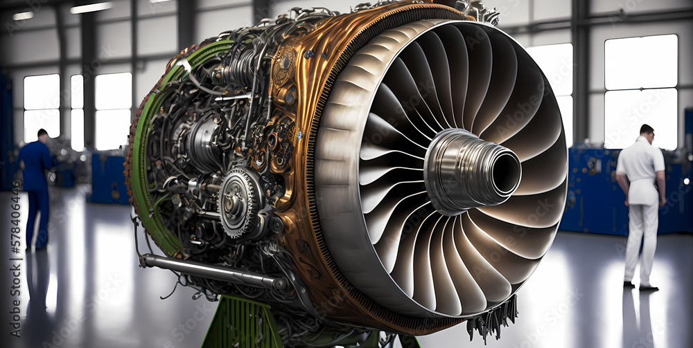 Sunlight Engine Aircraft jet engine on repair and maintenance. Industrial motor of ...