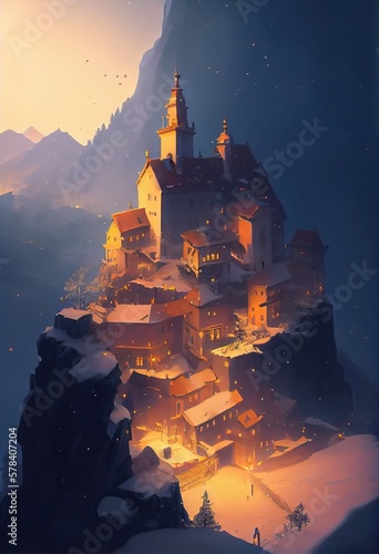 Ancient European mountain town in winter, generative ai