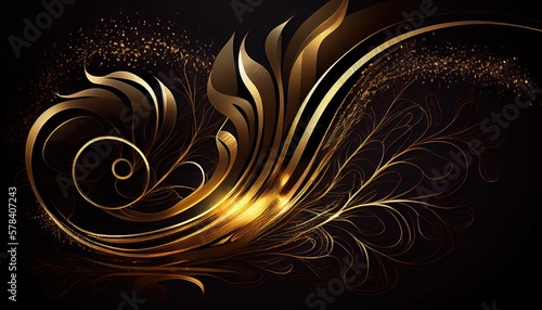 black and gold swirling background with a high quality luxury feel ideal for backdrops, generative ai