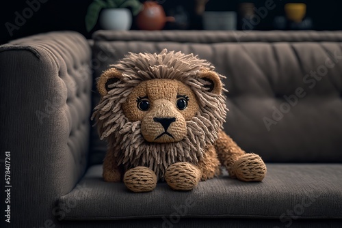 Lion plushie toy in sofa. Generative AI 