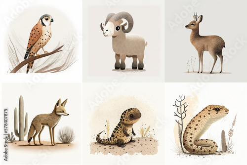 A set of six cute animals  mammals  birds  reptiles  from the area of Arizona  USA in watercolor  illustration made with Generative AI