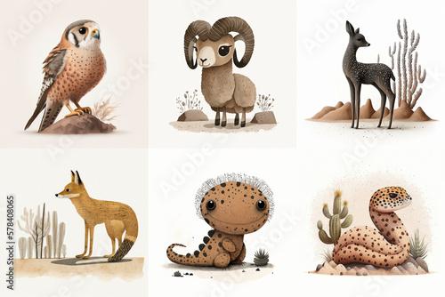 A set of six cute animals  mammals  birds  reptiles  from the area of Arizona  USA in watercolor  illustration made with Generative AI