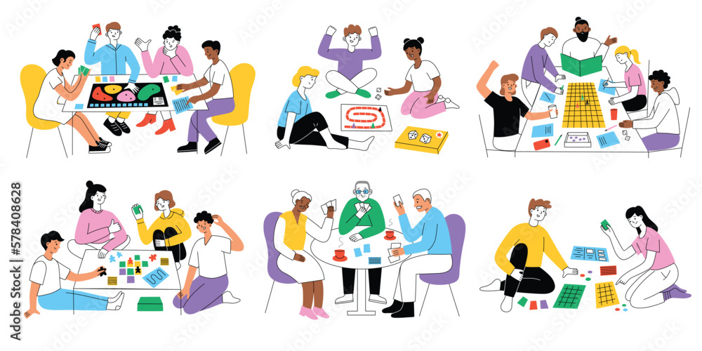 People playing board games, collection of hand drawn scenes with modern tabletop games for family and friends, vector illustration of children adventure game, senior hobby and leisure activity People playing board games, collection of hand drawn scenes with modern tabletop games for family and friends, vector illustration of children adventure game, senior hobby and leisure activity