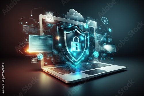 Cyber security, data protection, cyberattacks concept on blue background. Database security software development. Online security concept. Laptop protected with shield. AI