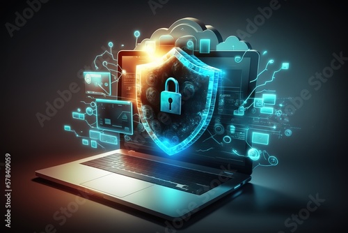 Cyber security, data protection, cyberattacks concept on blue background. Database security software development. Online security concept. Laptop protected with shield. AI
