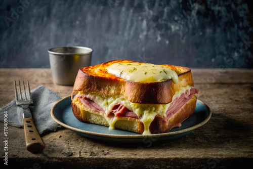 A croque-monsieur, a classic French sandwich made with ham and cheese, with the cheese melted and bubbling on top - Generative AI
