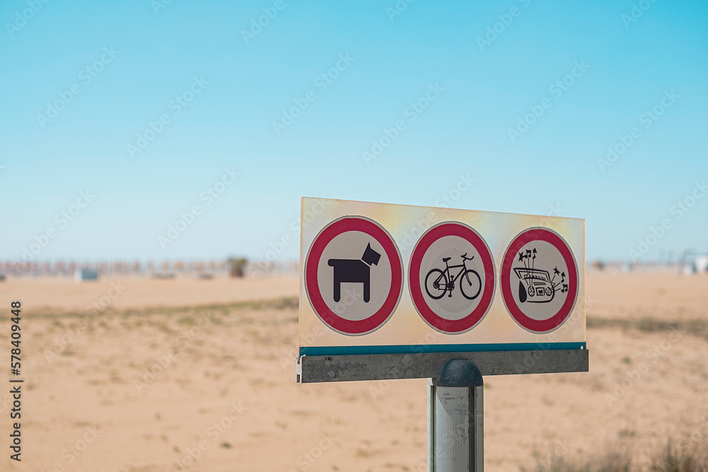 Prohibiting signs prohibited dog,bicycle and loud music sign on access beach sea coast